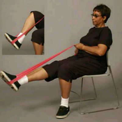 Theraband presses, wall slides, straight leg raise, heel raise, prone knee bending